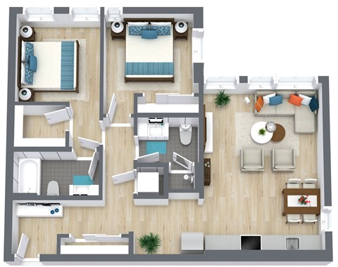 Floor plan for 2 beds, 2 baths, 1037 sqft